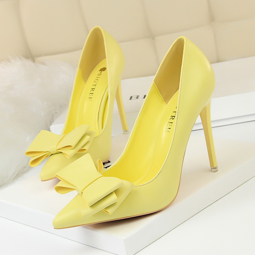 9511-18 High Quality High Heels Shoes for Women Sweet Bow Tie Slip-On Pointed Toe Women Pumps Shoes Stiletto Heels for Ladies