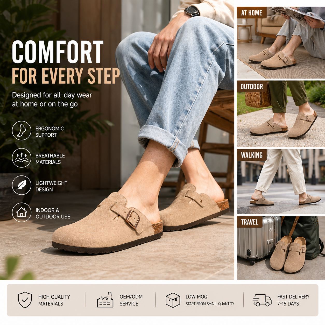 Women Cork Clogs Mule Sandals PU Suede Leather Slip on Casual Flat Slippers OEM ODM Factory Custom Logo