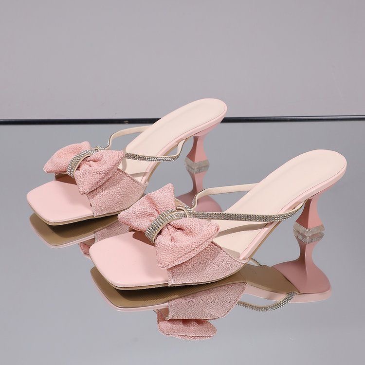 XY Women's Vintage Fashion High Heeled Sandals Square Toe Block Heels with Rhinestones Ladies' Winter &amp; Spring Slippers