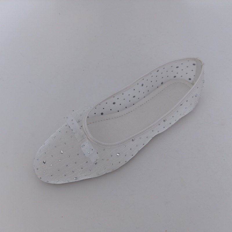 Women's White Mesh Rhinestone Bow Ballet Flats, Sparkly Sheer Slip-on Flats for Wedding