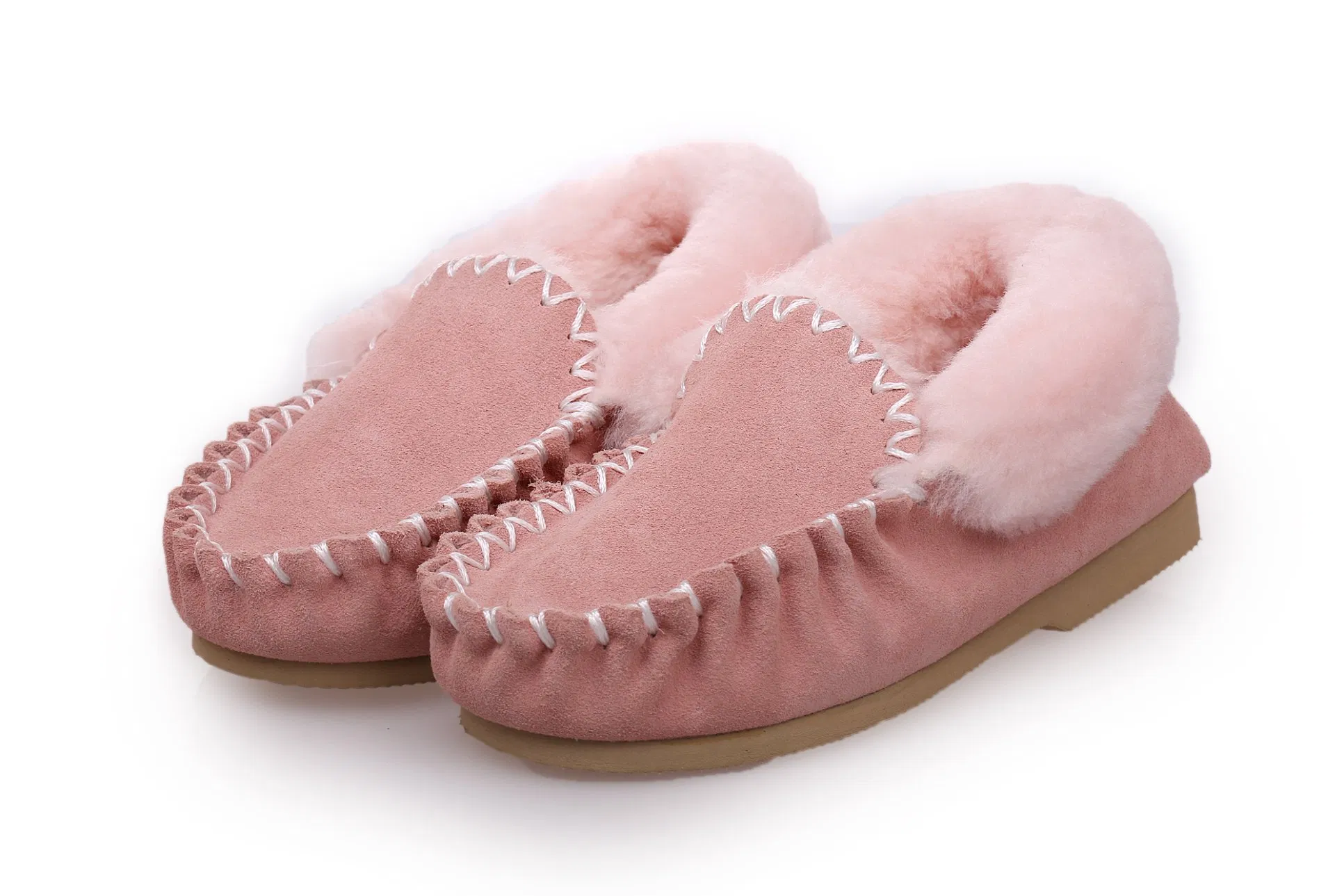 Classic Genuine Real Sheepskin Moccasins Slippers for Women in Pink