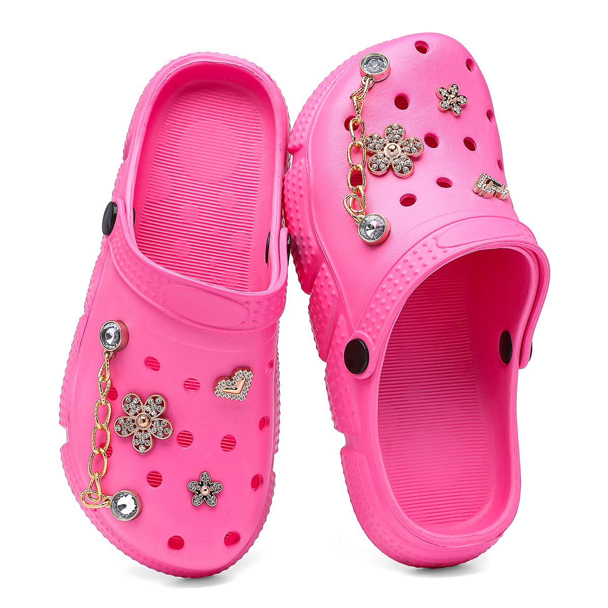 EVA Waterproof Lightweight Soft Garden Clogs Rhinestone Flower Chain Charms | Women Breathable Slip-On Mules | Fashion Casual