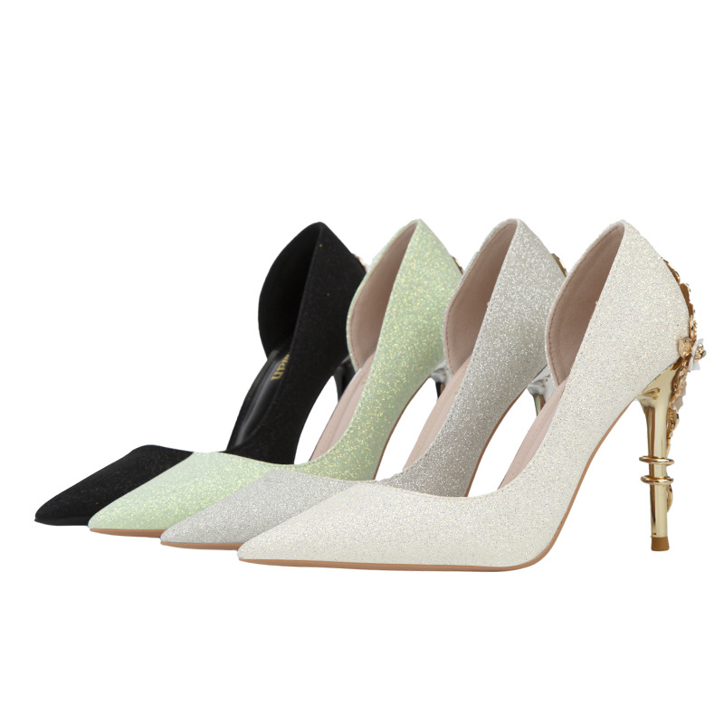 Women's Elegant Gold Floral Decals Luxury High Heel Pumps Slip-On Bridal Shoes with Hollow &amp; Shining Bling for Summer