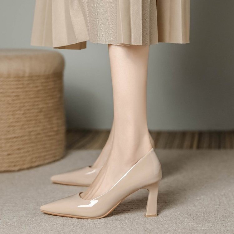 Factory Wholesale | Elegant Patent Leather Pointed - Toe Pumps, Nude Chunky Heel Dress Shoes
