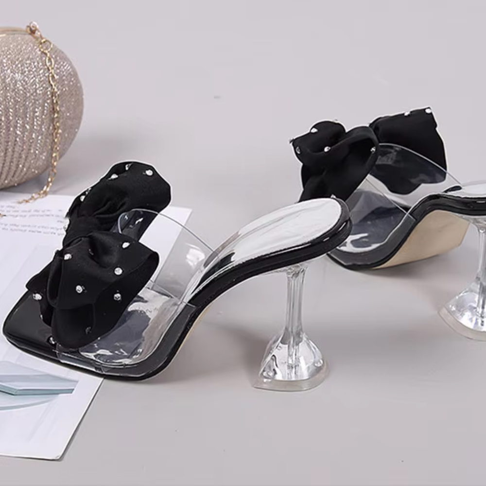 2025 Summer New Korean Edition Fairy Sweetheart Bow Tie Half Trailer High Heels and Thin Heels Slipper Sandals