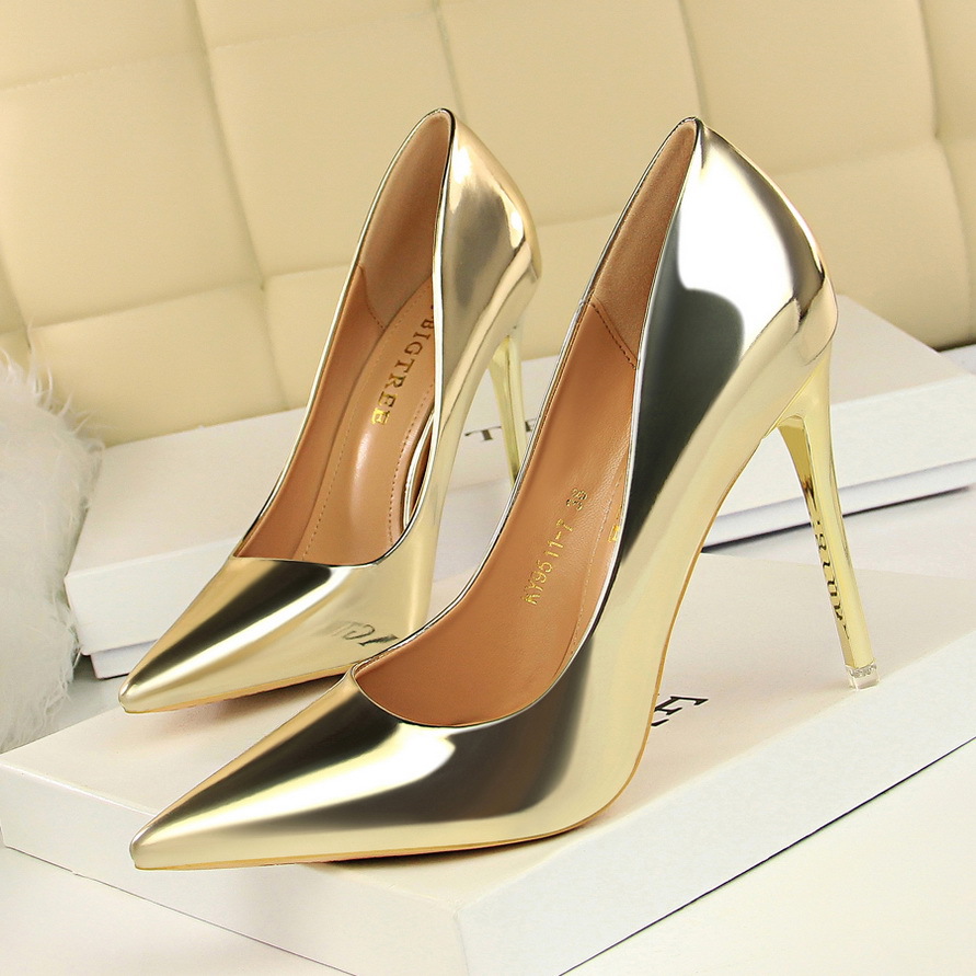 Fashion Metal with High Heels for Women's Shoes with Shallow Mouth Pointed Sexy Thin High Heels Shoes