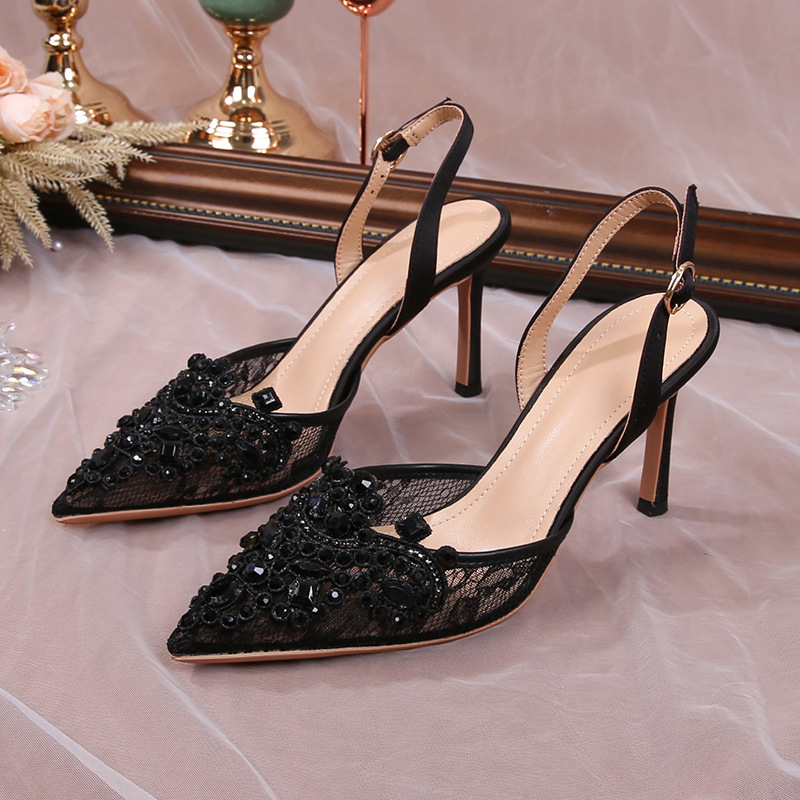 Women's Sexy Pearl Wedding Shoes French Romantic Mesh Design High Heel Outdoor Outings Lace-Up Heel Sandal Shoes