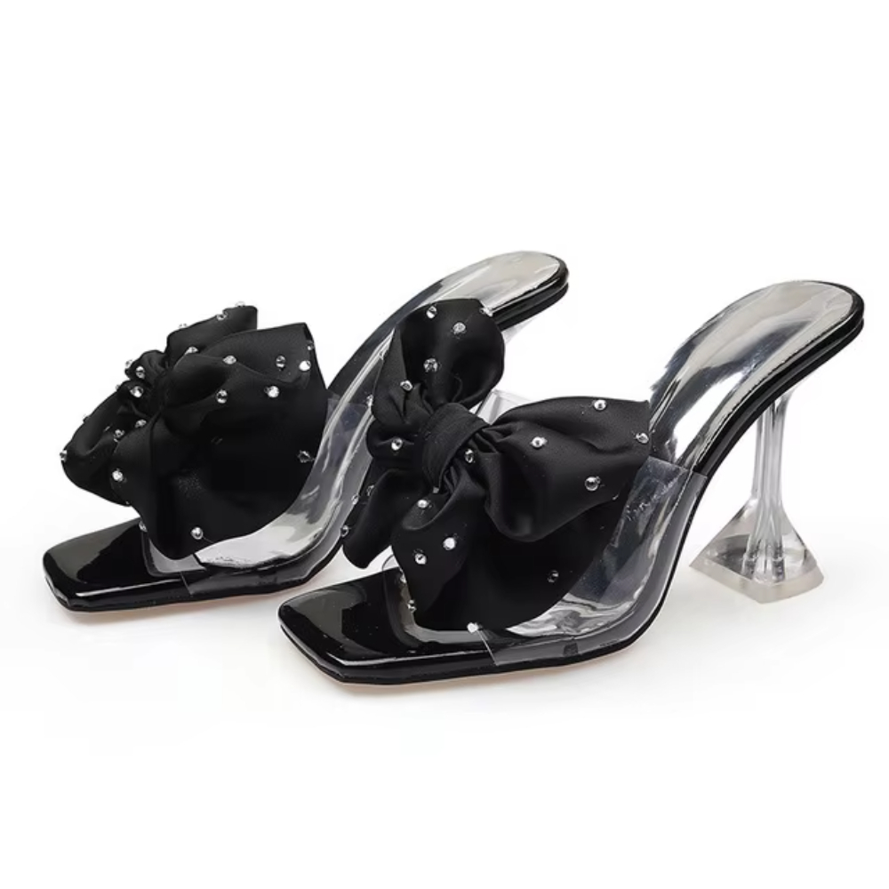 2025 Summer New Korean Edition Fairy Sweetheart Bow Tie Half Trailer High Heels and Thin Heels Slipper Sandals