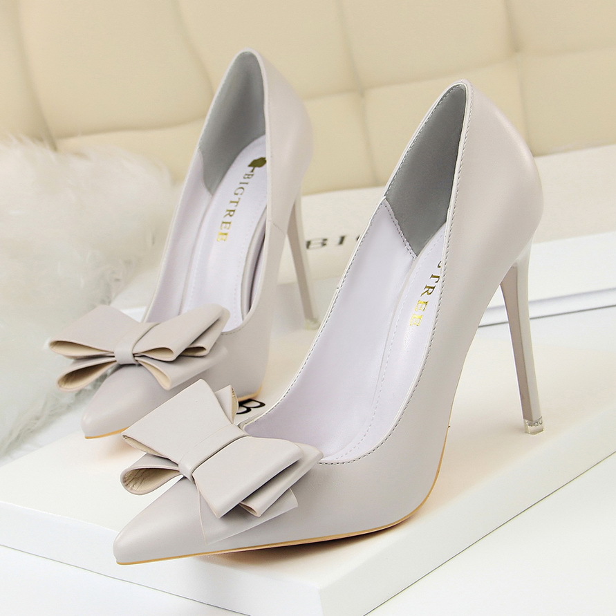 9511-18 High Quality High Heels Shoes for Women Sweet Bow Tie Slip-On Pointed Toe Women Pumps Shoes Stiletto Heels for Ladies