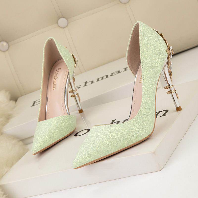 Women's Elegant Gold Floral Decals Luxury High Heel Pumps Slip-On Bridal Shoes with Hollow &amp; Shining Bling for Summer