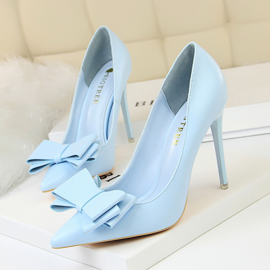 9511-18 High Quality High Heels Shoes for Women Sweet Bow Tie Slip-On Pointed Toe Women Pumps Shoes Stiletto Heels for Ladies