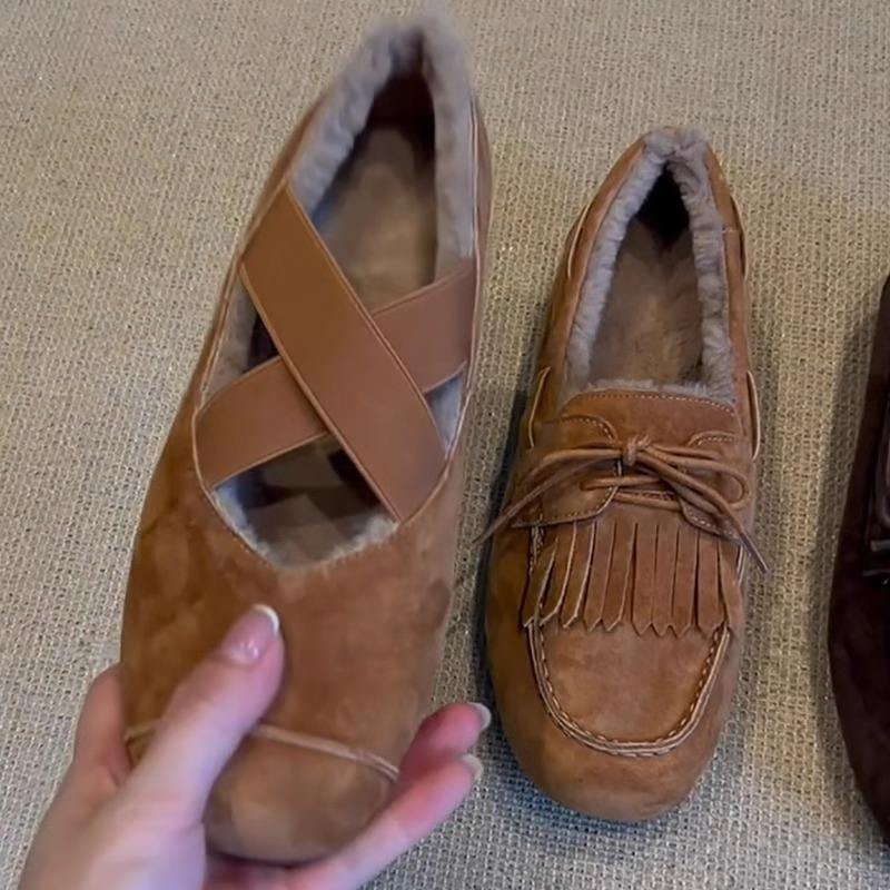 Women's Warm Suede Crisscross Strap Sheepskin Lined Mary Jane Flats Comfortable Non-Slip Casual Winter Shoes Wholesale