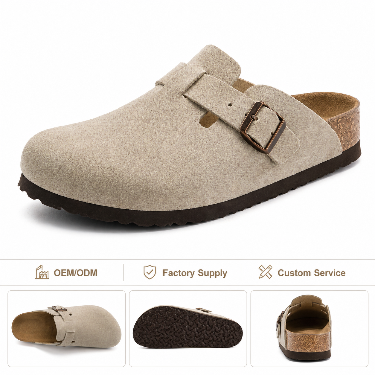 Women Cork Clogs Mule Sandals PU Suede Leather Slip on Casual Flat Slippers OEM ODM Factory Custom Logo