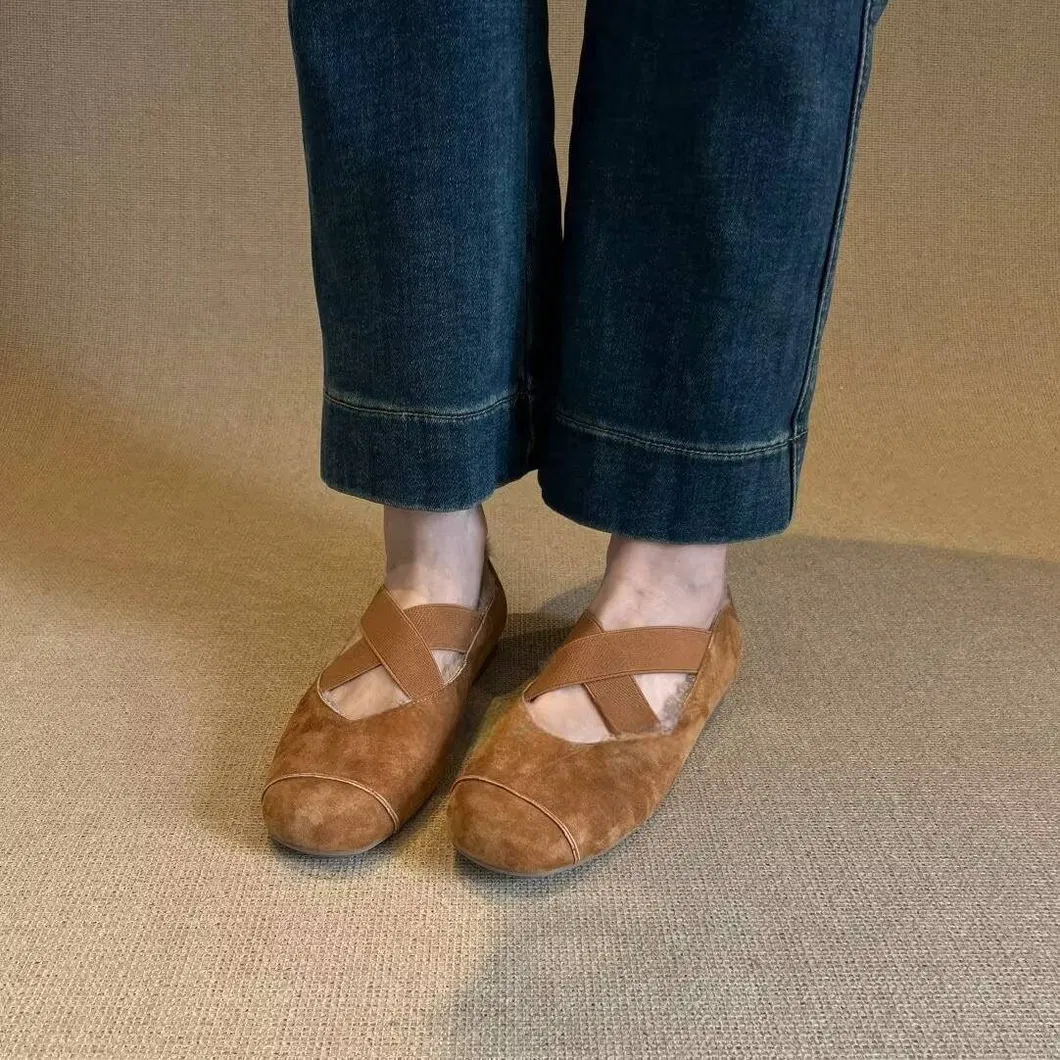 Women's Warm Suede Crisscross Strap Sheepskin Lined Mary Jane Flats Comfortable Non-Slip Casual Winter Shoes Wholesale