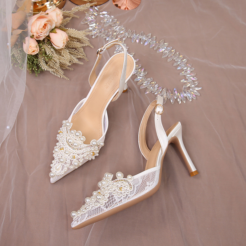 Women's Sexy Pearl Wedding Shoes French Romantic Mesh Design High Heel Outdoor Outings Lace-Up Heel Sandal Shoes