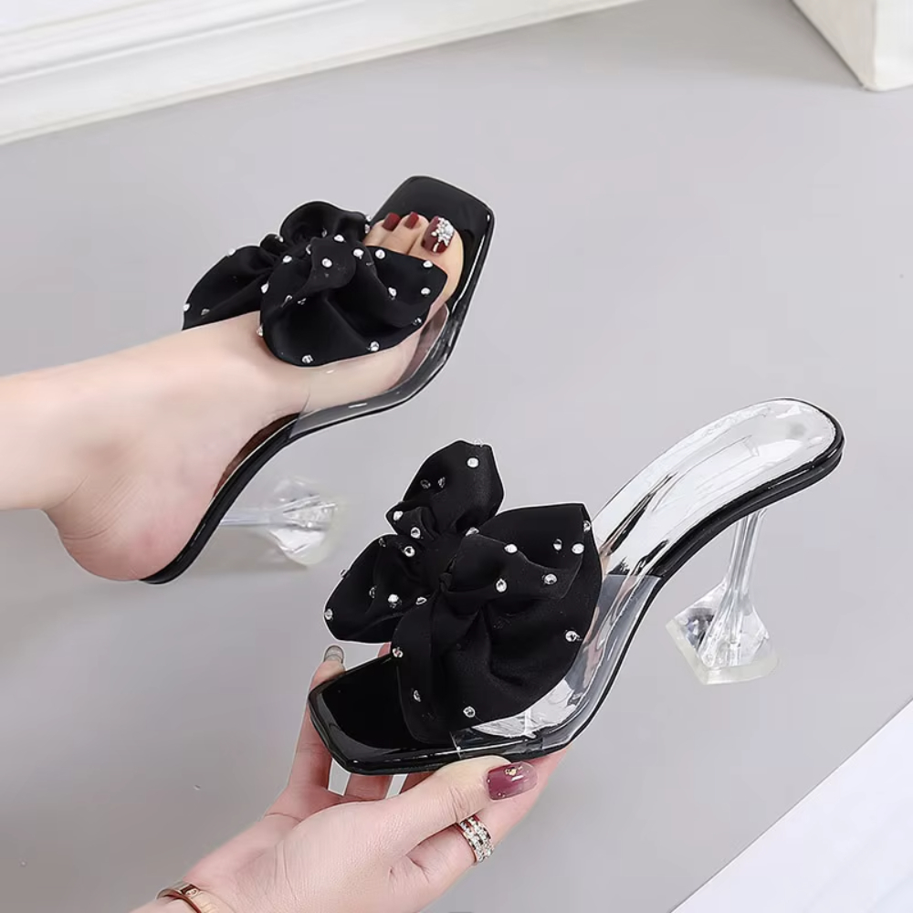 2025 Summer New Korean Edition Fairy Sweetheart Bow Tie Half Trailer High Heels and Thin Heels Slipper Sandals