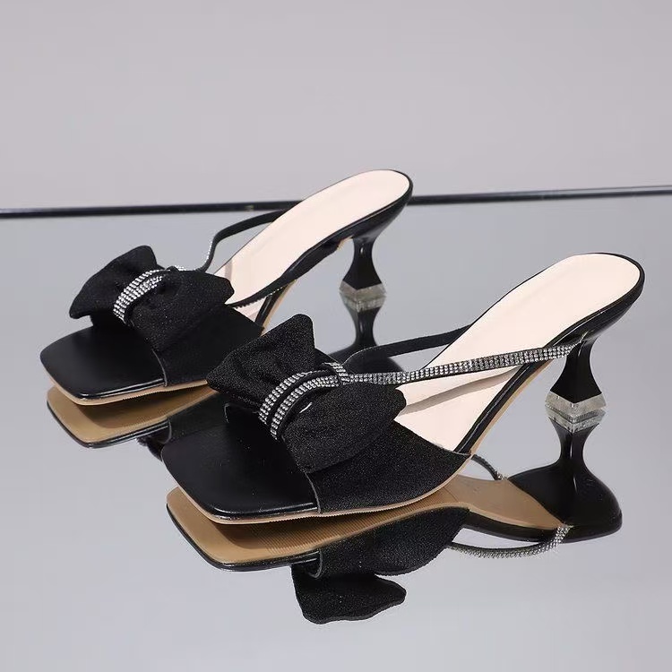 XY Women's Vintage Fashion High Heeled Sandals Square Toe Block Heels with Rhinestones Ladies' Winter &amp; Spring Slippers