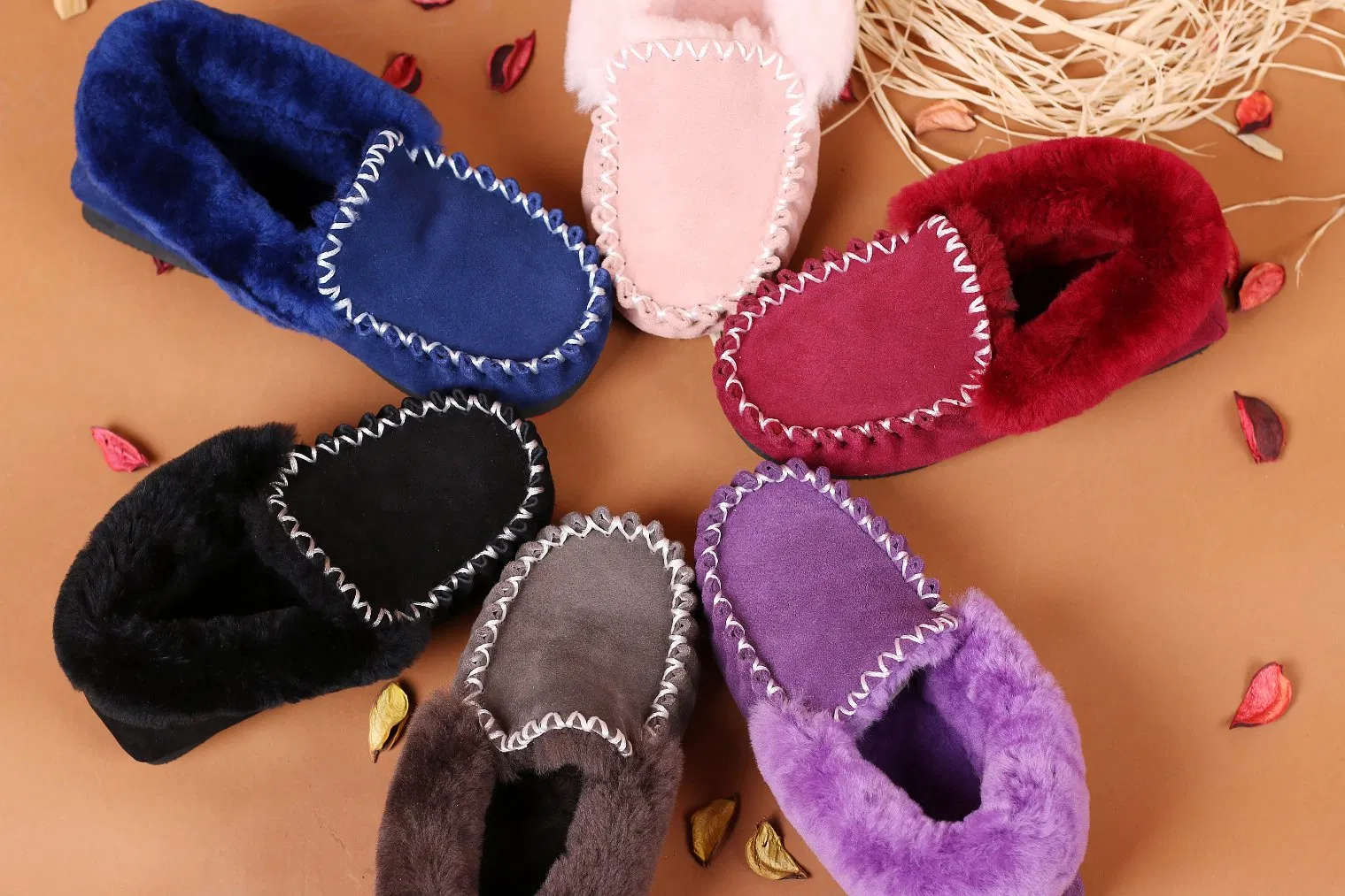 Moccasin Sheepskin Fur Home Slippers for Women in Red