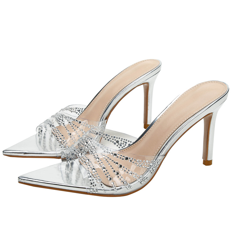 2026 Summer Pointed-toe Transparent TPU Sandals Women Stiletto Heel 6-8cm Single Strap Rhinestone Decoration Heels Sandalias