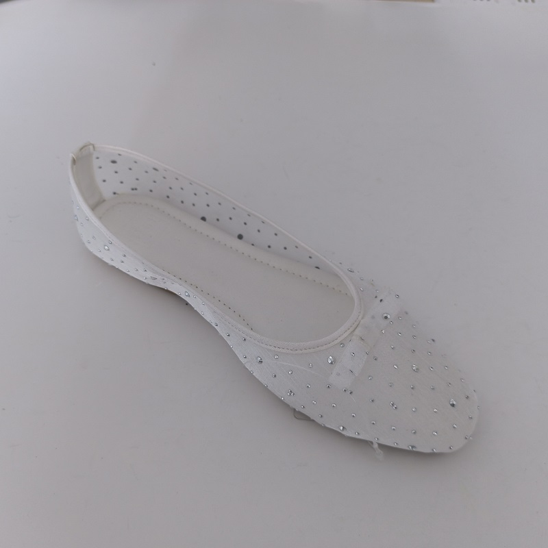 Women's White Mesh Rhinestone Bow Ballet Flats, Sparkly Sheer Slip-on Flats for Wedding