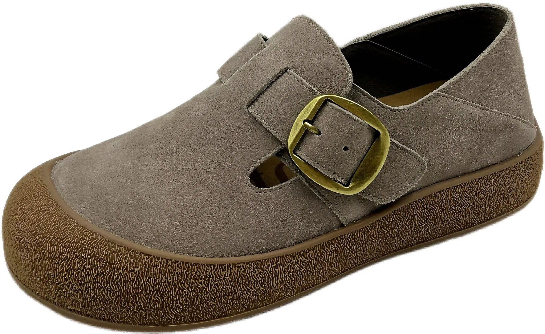 Modest Style Suede Flats with Buckle Strap, Thick Sole and Full Coverage