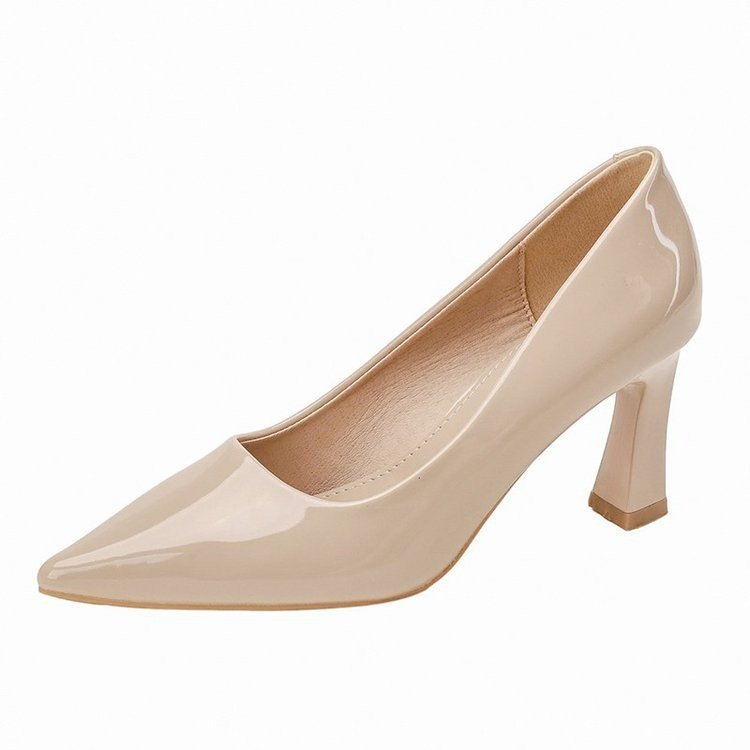 Factory Wholesale | Elegant Patent Leather Pointed - Toe Pumps, Nude Chunky Heel Dress Shoes