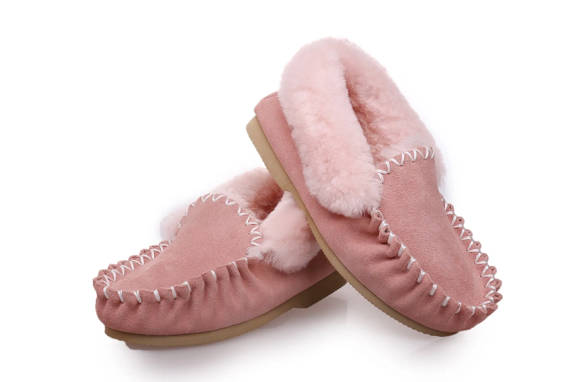 Classic Genuine Real Sheepskin Moccasins Slippers for Women in Pink