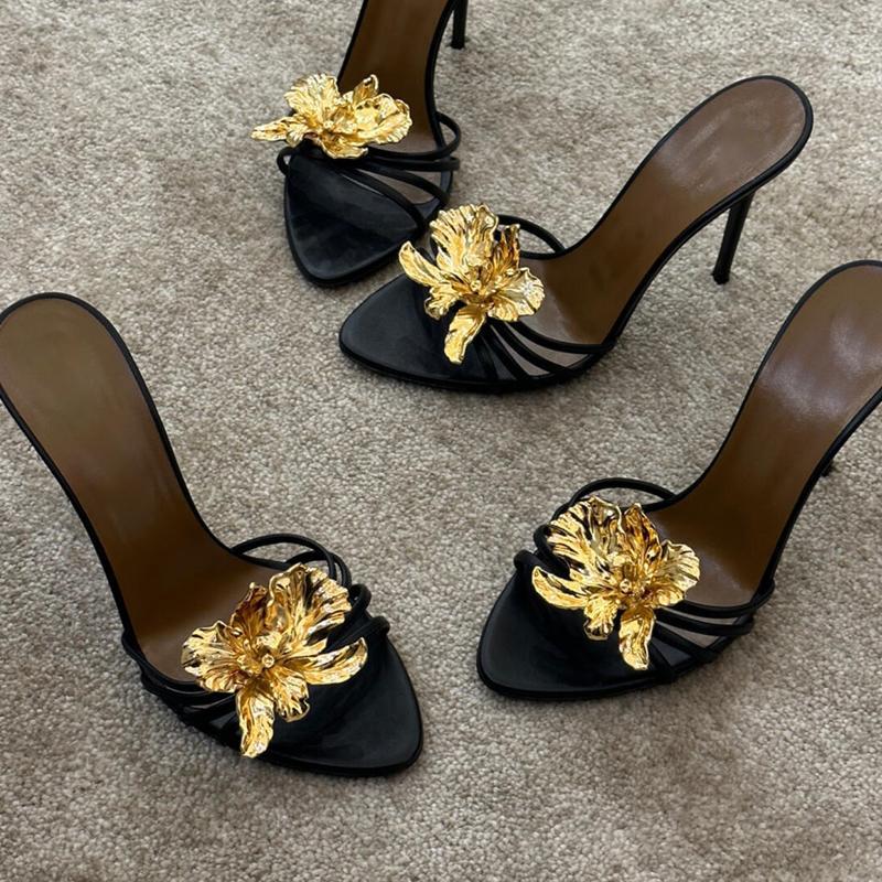 DEleventh Shoes Sexy Thin Heel Open Toe Women's Shoes Spring Summer New Super High Heels Gold Flower High Heels