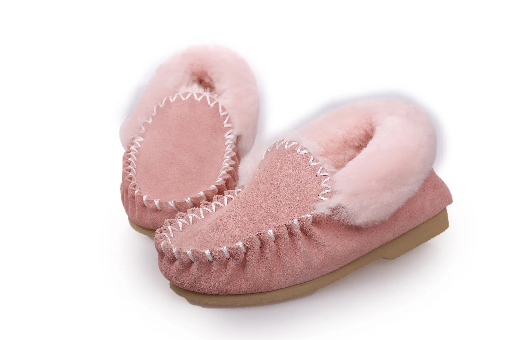 Classic Genuine Real Sheepskin Moccasins Slippers for Women in Pink