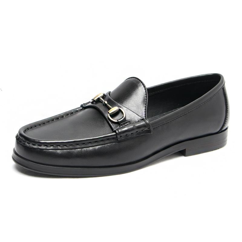 Black British Retro Polishing Cowhide Leather Men's Moccasin Shoes Slip-on Horse Bit Buckle Loafers