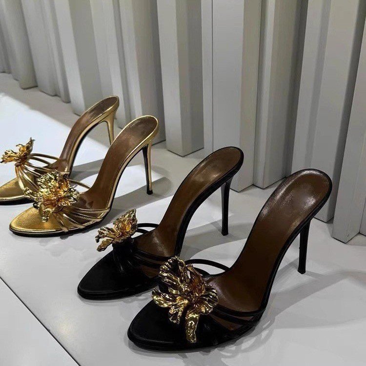 DEleventh Shoes Sexy Thin Heel Open Toe Women's Shoes Spring Summer New Super High Heels Gold Flower High Heels