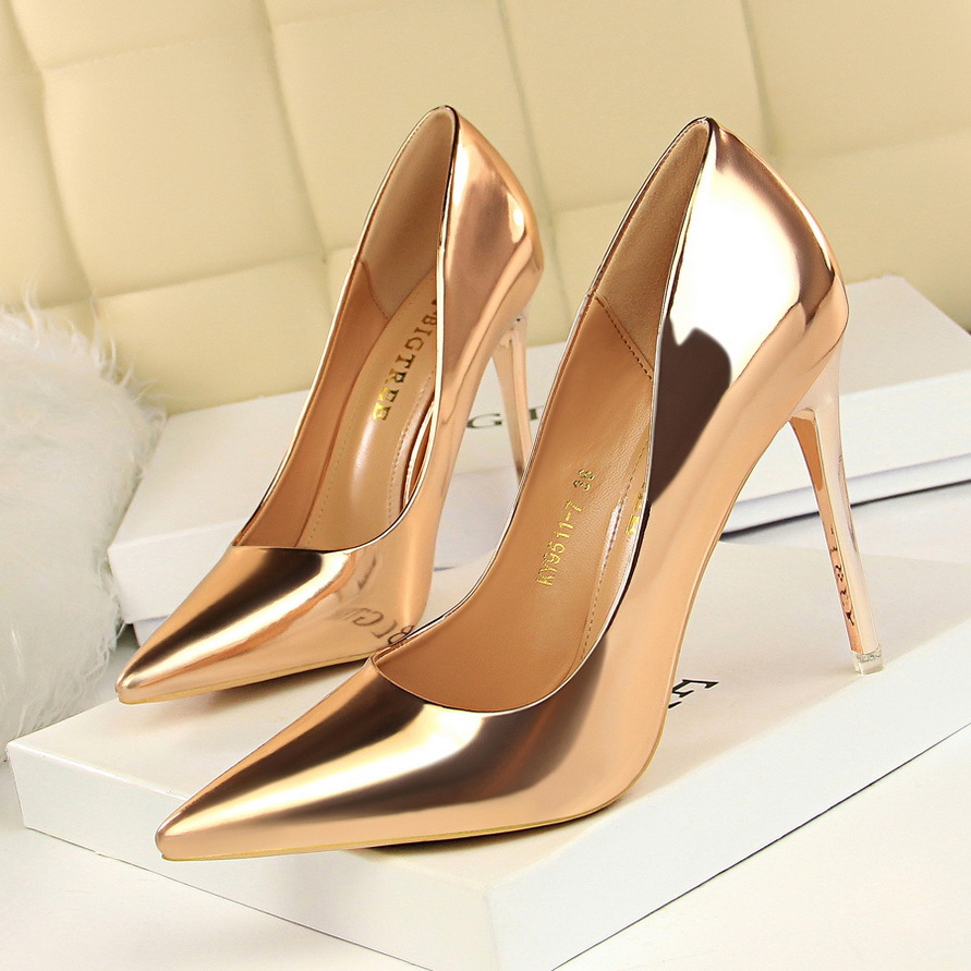 Fashion Metal with High Heels for Women's Shoes with Shallow Mouth Pointed Sexy Thin High Heels Shoes