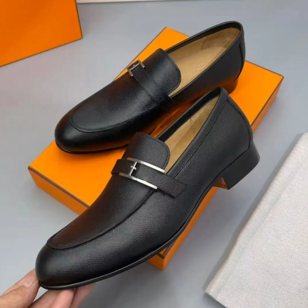 Luxury High Quality Designer Metal Buckle Leather Formal Slip on Loafers