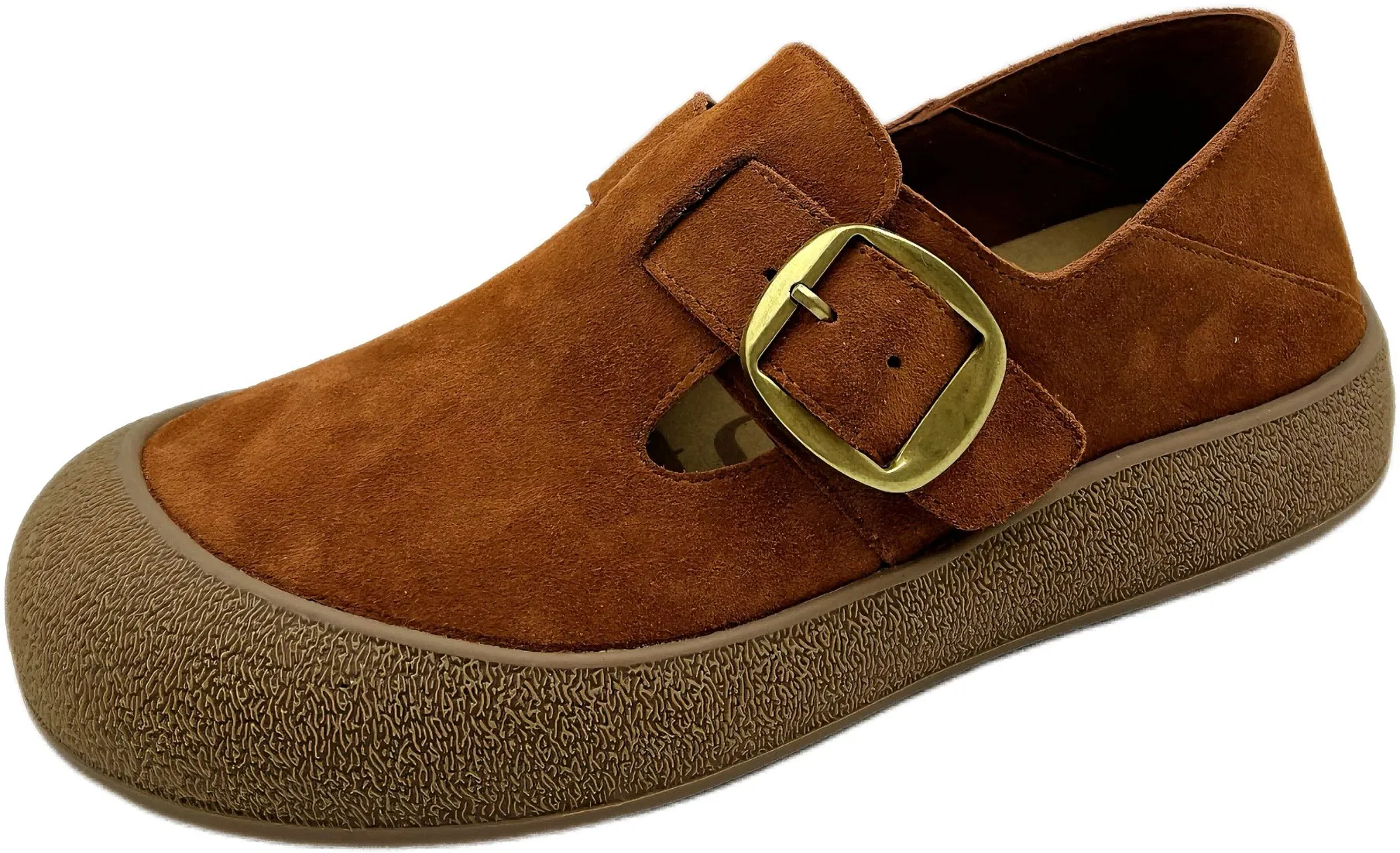 Modest Style Suede Flats with Buckle Strap, Thick Sole and Full Coverage