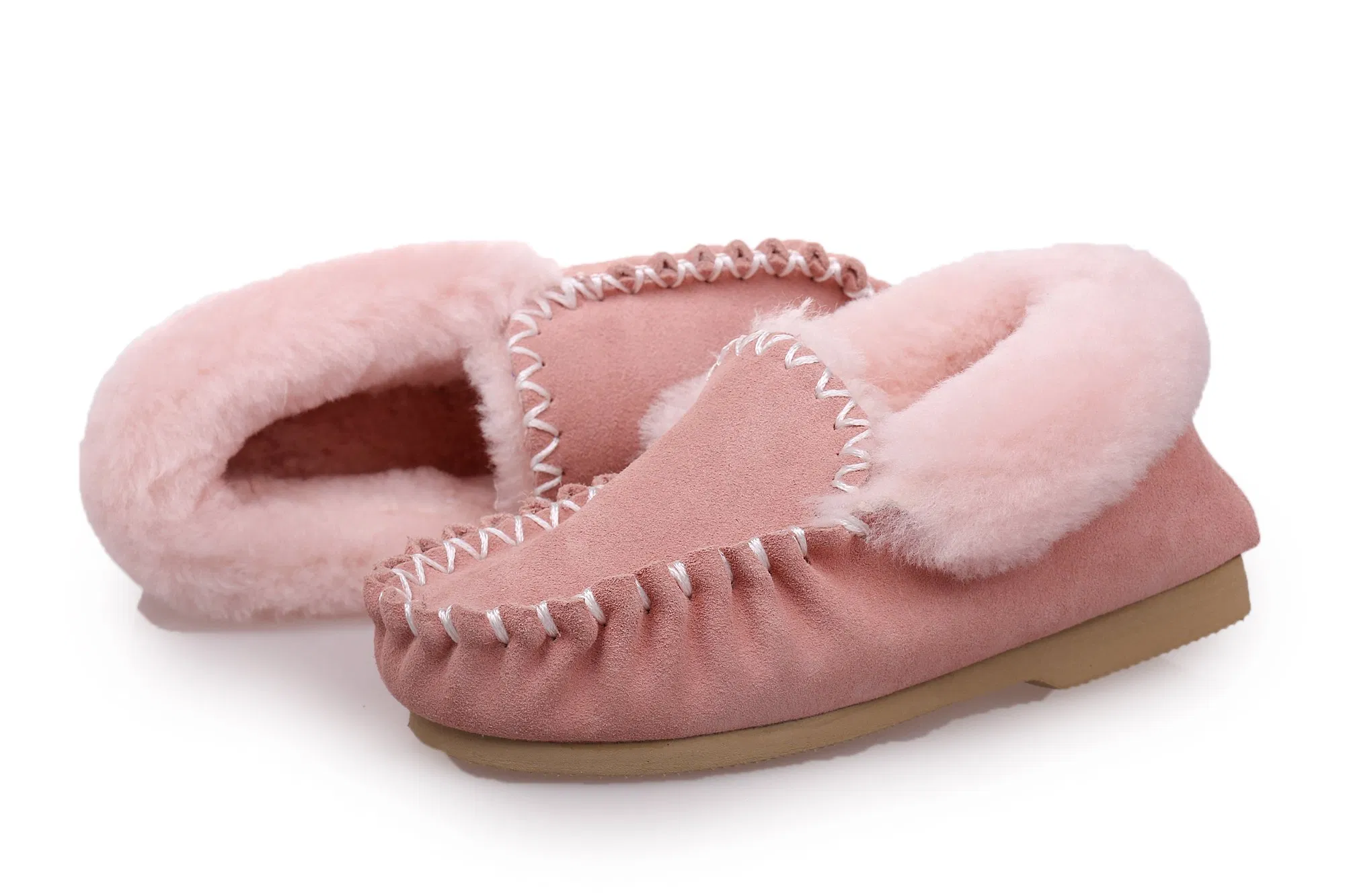 Classic Genuine Real Sheepskin Moccasins Slippers for Women in Pink