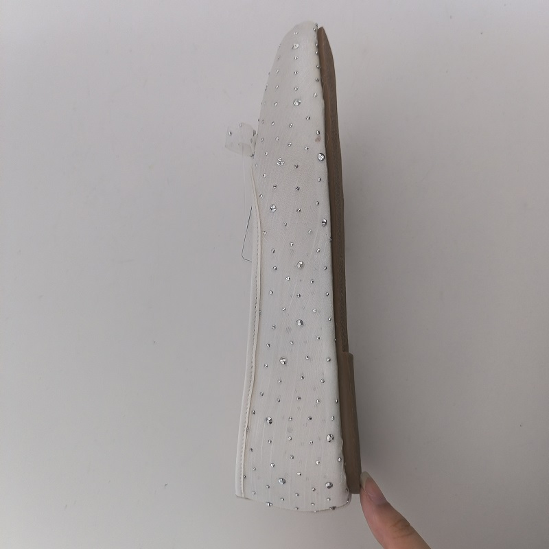 Women's White Mesh Rhinestone Bow Ballet Flats, Sparkly Sheer Slip-on Flats for Wedding