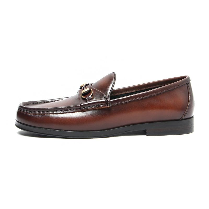 Black British Retro Polishing Cowhide Leather Men's Moccasin Shoes Slip-on Horse Bit Buckle Loafers