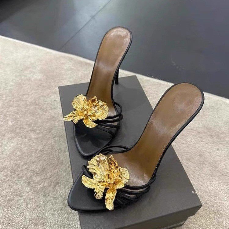 DEleventh Shoes Sexy Thin Heel Open Toe Women's Shoes Spring Summer New Super High Heels Gold Flower High Heels