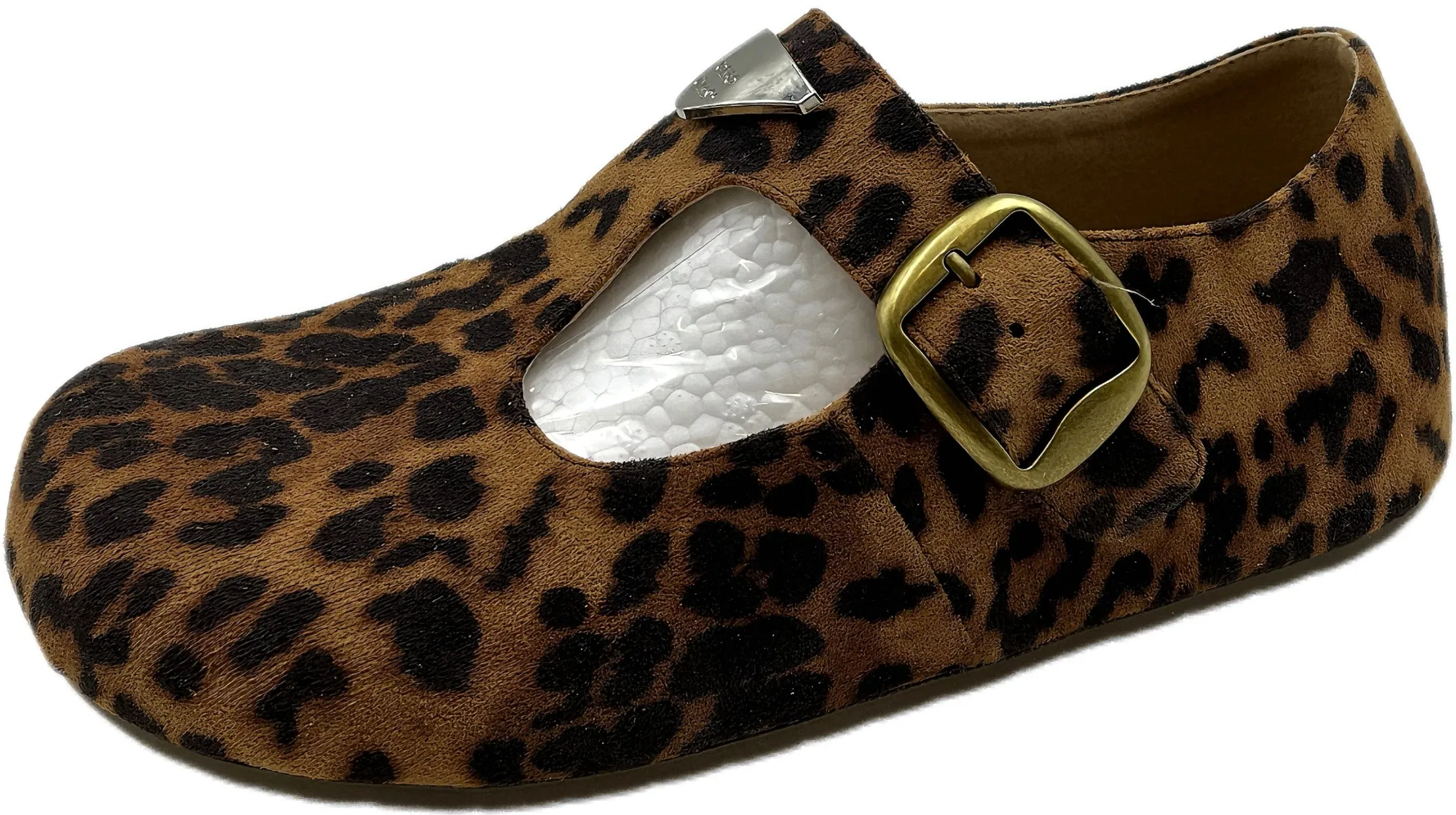 Women's Leopard Print Mary Jane Flats with Buckle Strap and Genuine Leather Upper
