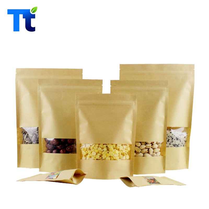 Kraft Paper Plastic Ziplock Recyclable Zipper Coffee Nuts Cookies Food Packaging Ziplock Bag Pouch with Window