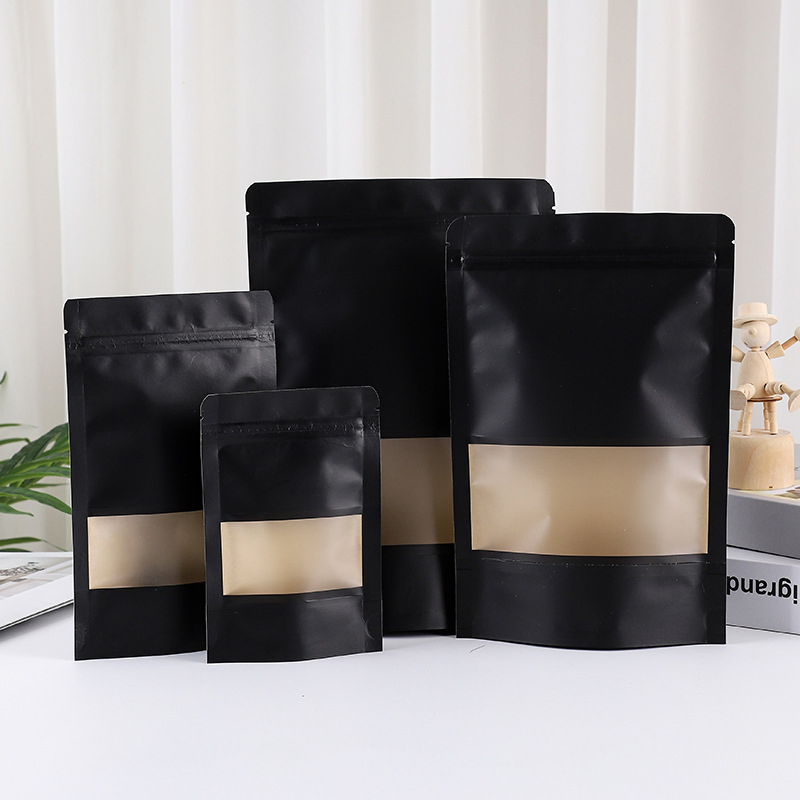 Customized Black Kraft Paper Stand-up Pouches with Windows Thickened and Resealable