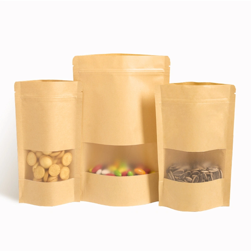 Eco Friendly Compostable Kraft Paper Stand up Pouch with Resealable Zipper and Window for Snack Coffee Tea Nut Food Packaging