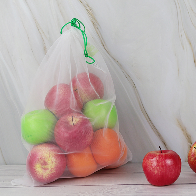 Custom White Shopping Fruits and Vegetables Packaging Reusable RPET Drawstring Mesh Bag