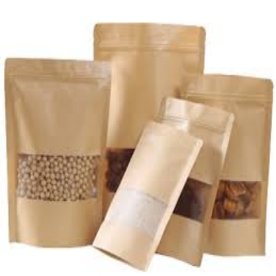 Stand up Brown Kraft Paper Resealable Ziplock Heat Sealable Food Storage Doypack Pouch Packet with Matte Window