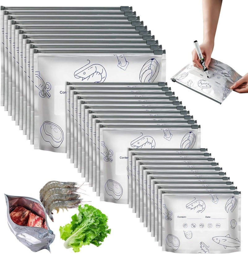 Leak-Proof Zipper Bag Aluminum Foil Lined Freezer Bag Fresh-Keep Seal Bag for Meat Snack Seafood Frozen Storage Smart Label for Easy Sorting Hot Sale