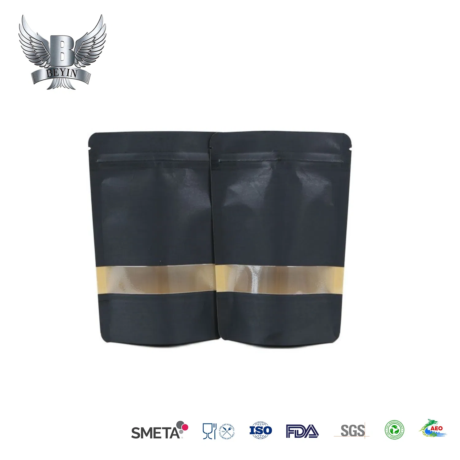 Black Kraft Paper Stand-up Zipper Pouch with Window in Stock