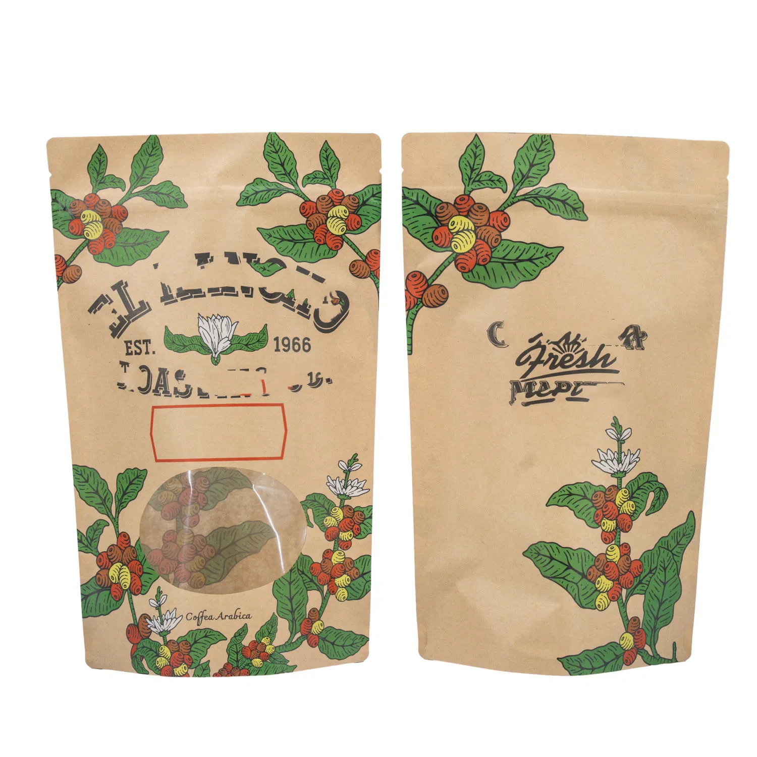 Kraft Paper Food Packaging Stand up Pouches with Die Cut Round Window Stand up Pocuhes for Coffee Packaging Pouches