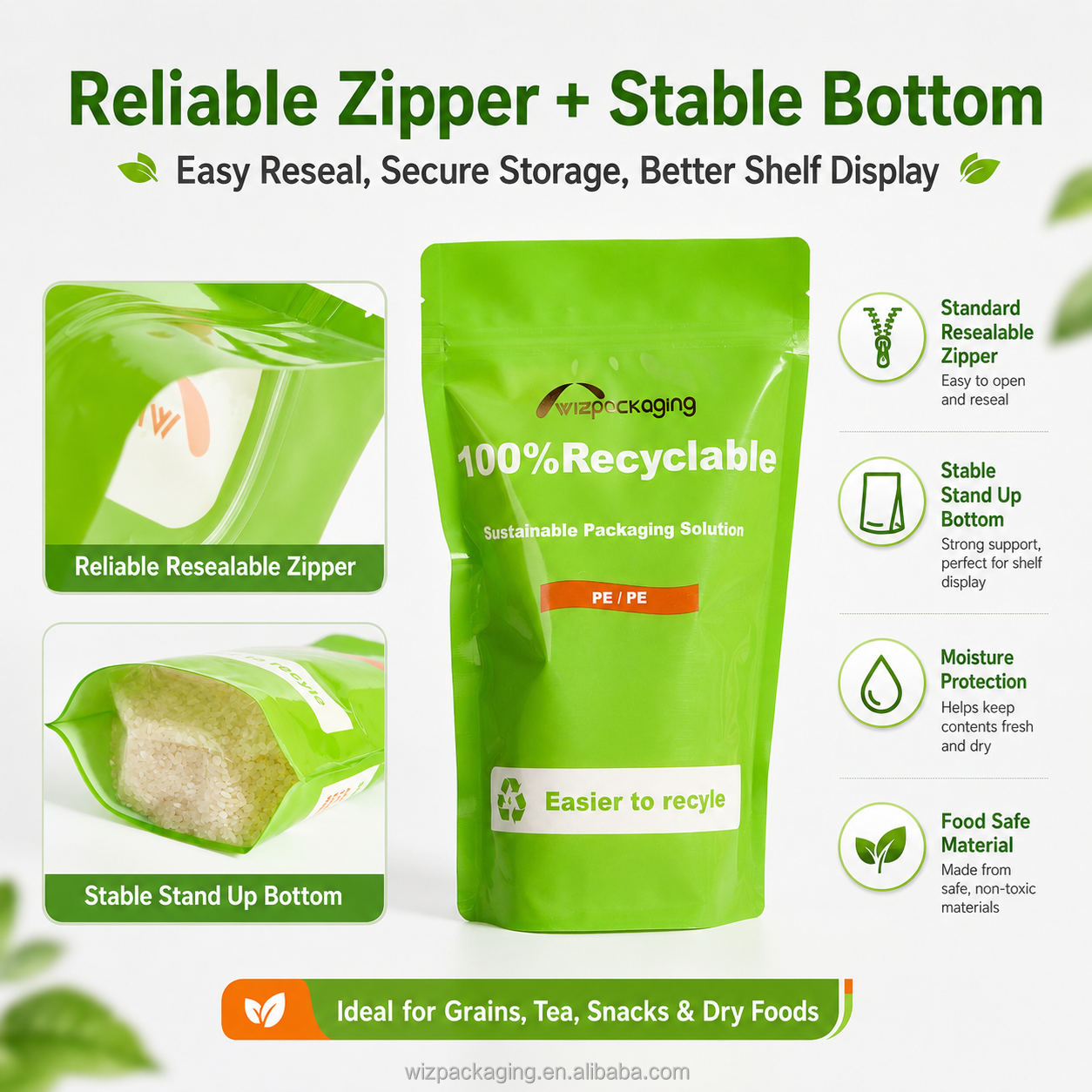 OEM ODM Eco Friendly Custom Printed Resealable Stand up Pouch 100% Recyclable Food Bag