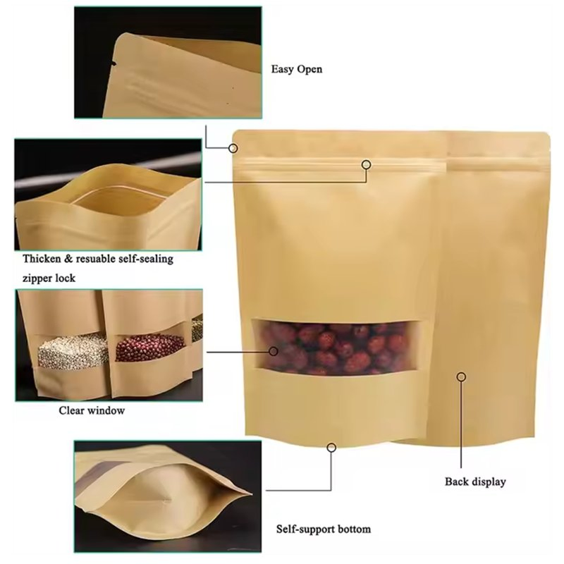 White Brown Custom Standing up Zipper Tea Coffee Spice Candy Packaging Herbal Craft Zip Bag Paper Kraft Pouch with Window