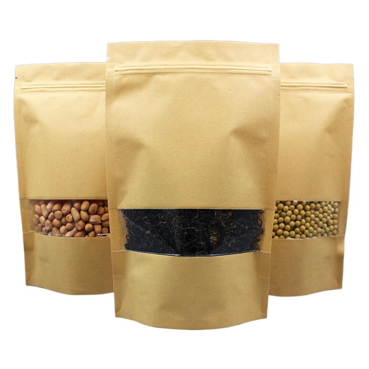 Kraft Paper Strip Window Zipper Top Food Packaging 250g Stand up Pouches